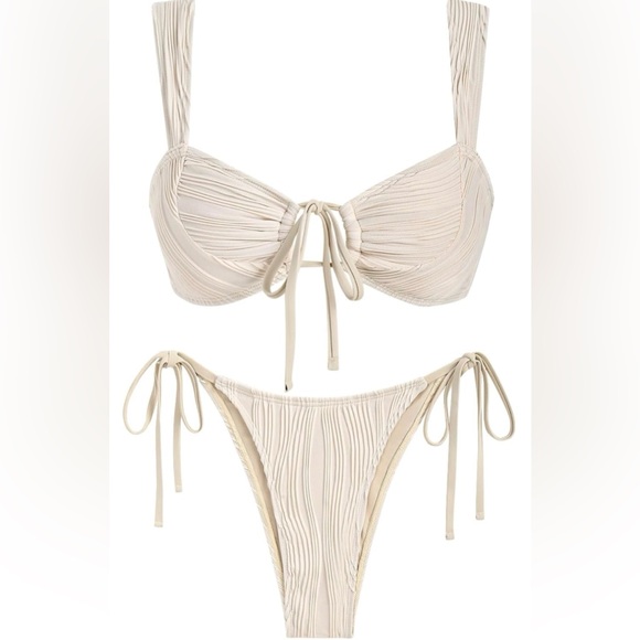 NWT ZAFUL Light Coffee Cinched Textured Knotted Tied Side 2pc Bikini Women’s S - Picture 5 of 10